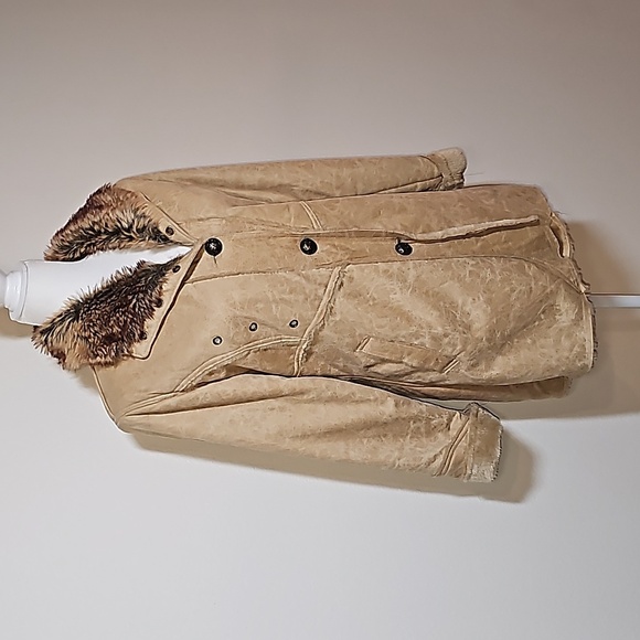 Morricci Coat Jacket Penny Lane Lined Faux Suede Faux Fur Collar Pockets Tan L - Picture 2 of 12
